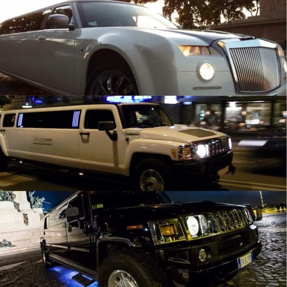 collage con foto di tre limousine: Chrysler, Hummer H3 bianco e Hummer H2 nero